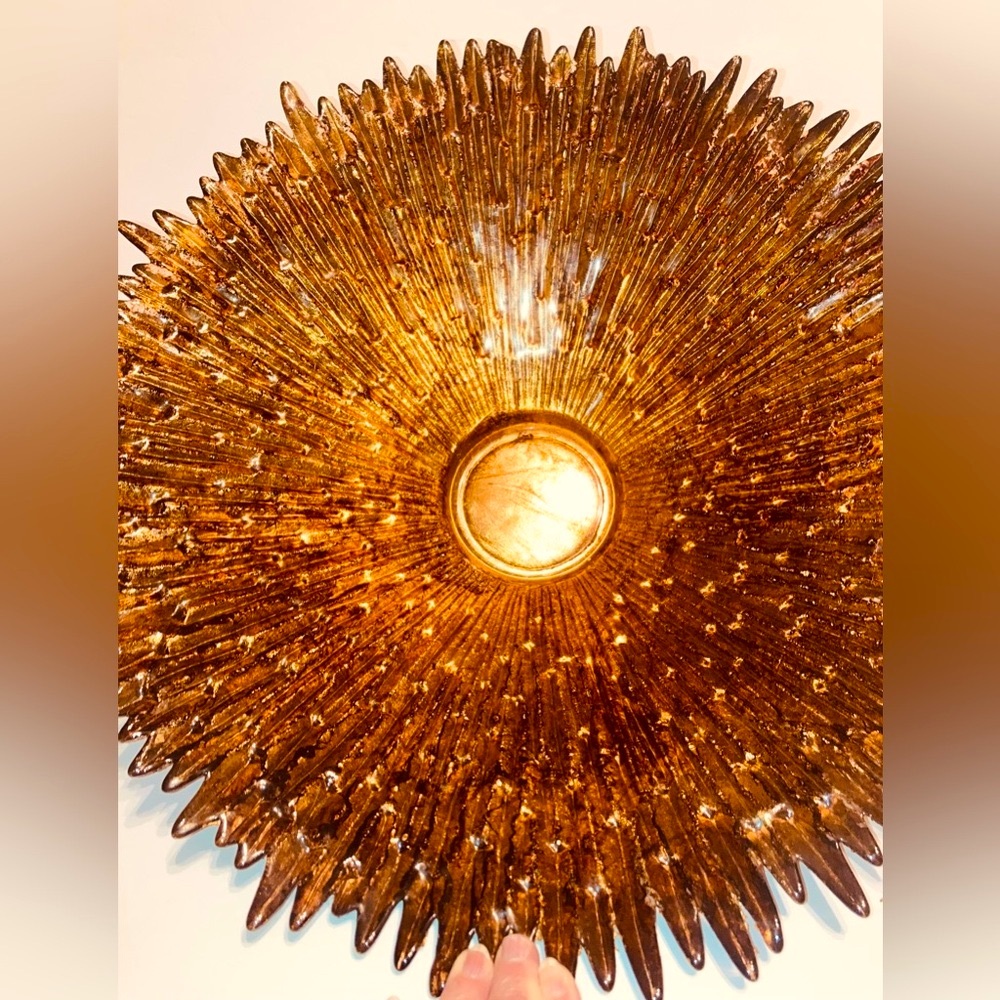 🔥 Rare Vintage MCM Lg Gold & Bronze Icicle Art Glass Decorative Centerpiece Bowl - Picture 12 of 16